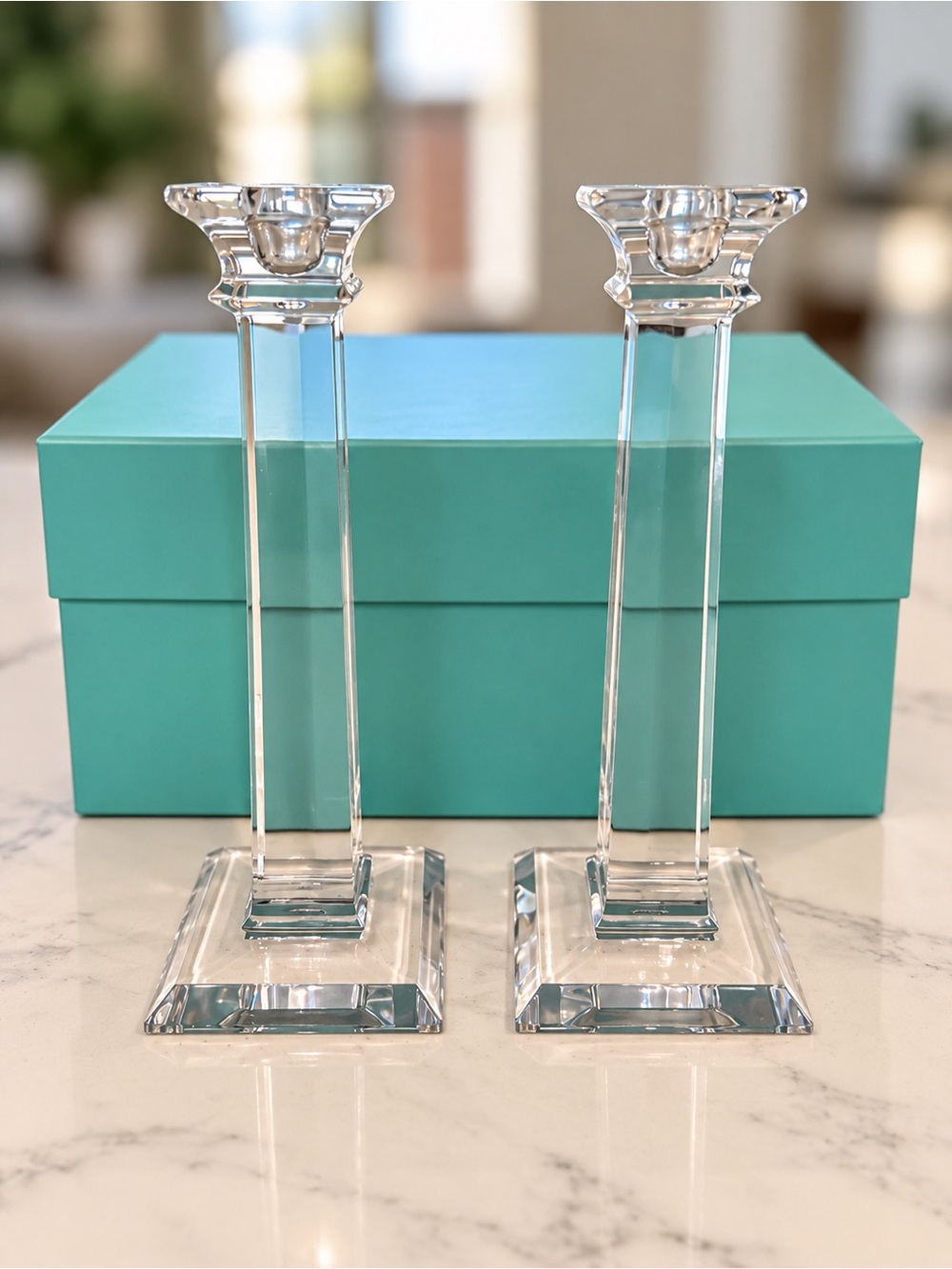 Crystal Square Glass Candlestick Holders - Pair